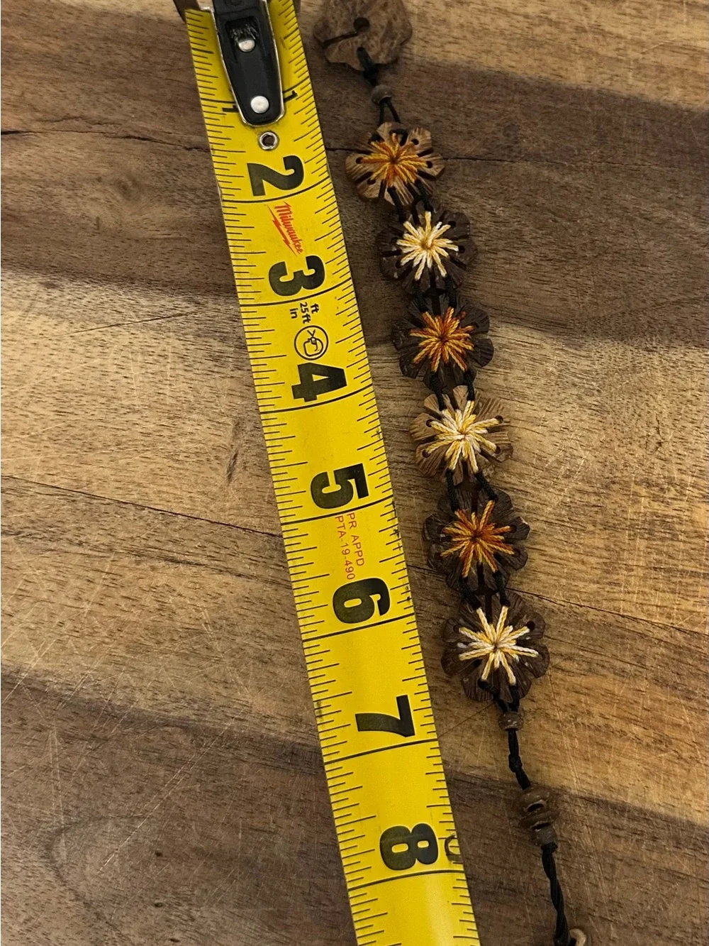 Handmade Floral Leather Bracelet in Brown with Yellow & Cream Embroidery